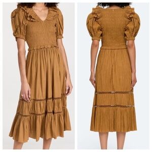 Sea New York Paco Smocked Puff Sleeve Midi Dress in Mustard Sz S